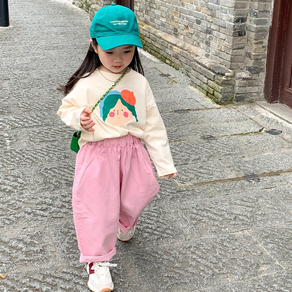 

Casual Twill 2022 1-7year Wash Girls' Pants Children Autumn Trousers New Pants Pants Pink Kid's Korean Soft