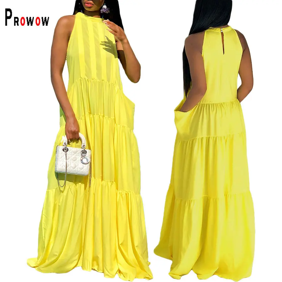 Женское платье-макси без рукавов, с круглым вырезом и карманами