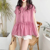 fashion o neck solid color button folds bow lace up blouses summer oversized casual tops commute female clothing sweet shirt