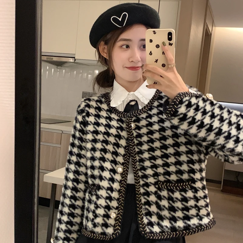 

Женская короткая шерстяная куртка, винтажная однобортная куртка из твида с круглым вырезом, Осень-зима