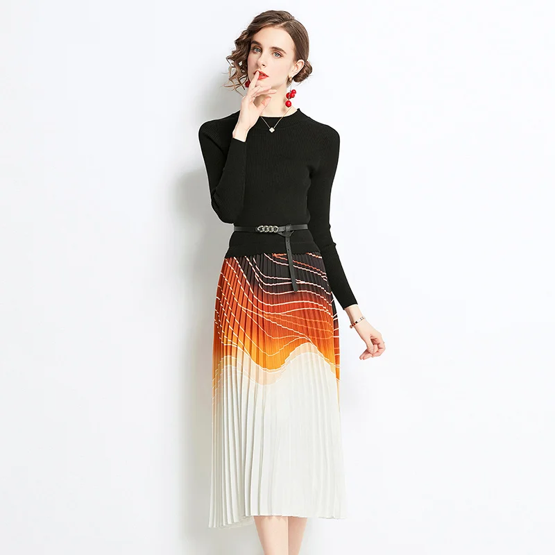 

Autumn Winter Women Knitted Dresses Long Sleeve Round Neck Fashion Print Dresses Office Lady Sashes O-Neck Winter Sweater Dress