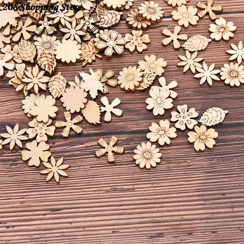 

100pcs Mix Wooden Pieces Creative Flower Leaves Cutouts Slice For DIY Wooden Art Decoration Home Party Doodle Scrapbooking
