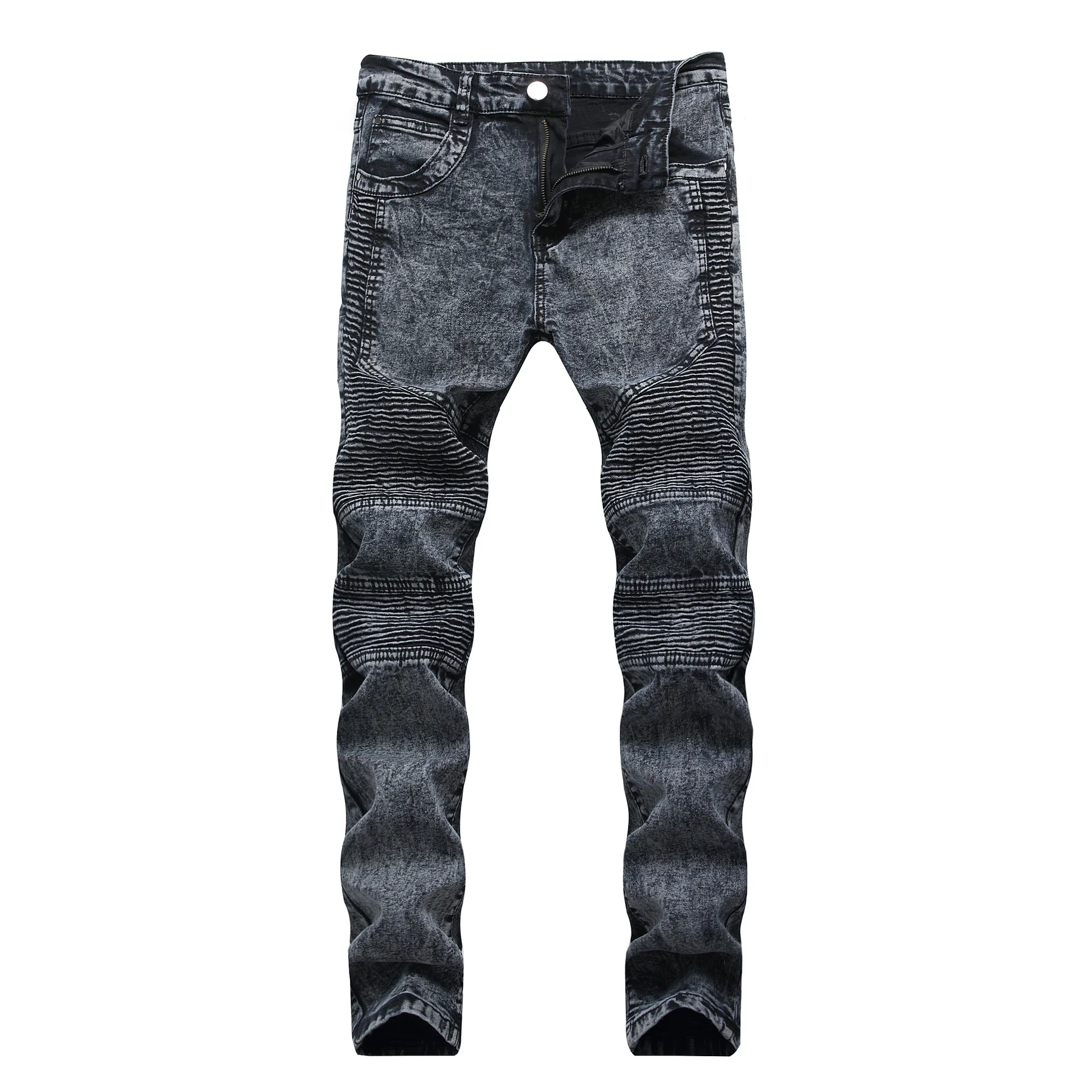 Streetwear Men Jeans Fashion Trend Motorcycle Personality Pleated Slim Feet Pants Elastic Ripped Jeans Full Length Trousers