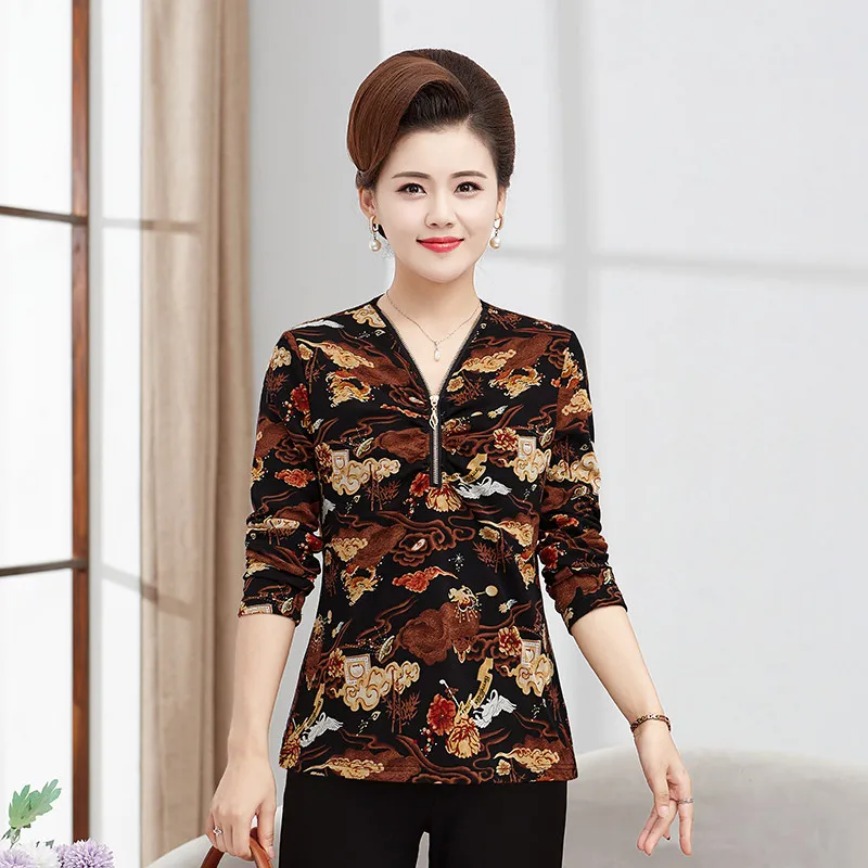 

2022 NEW Women's Autumn And Winter Style Blouse Shirt Women's V-neck zipper decoration Printed Long Sleeve Slim Elegant Tops
