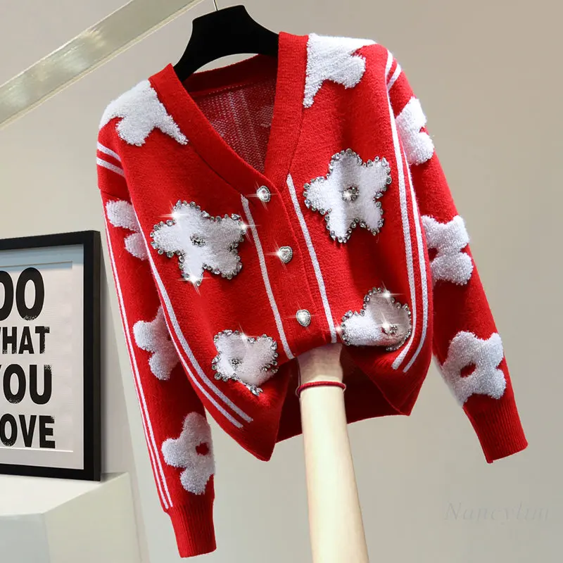 

2023 Spring High Waist Short V-neck Single-Breasted Long Sleeve Flower Cardigan Woman Striped Diamond Embroidered Sweater Coat