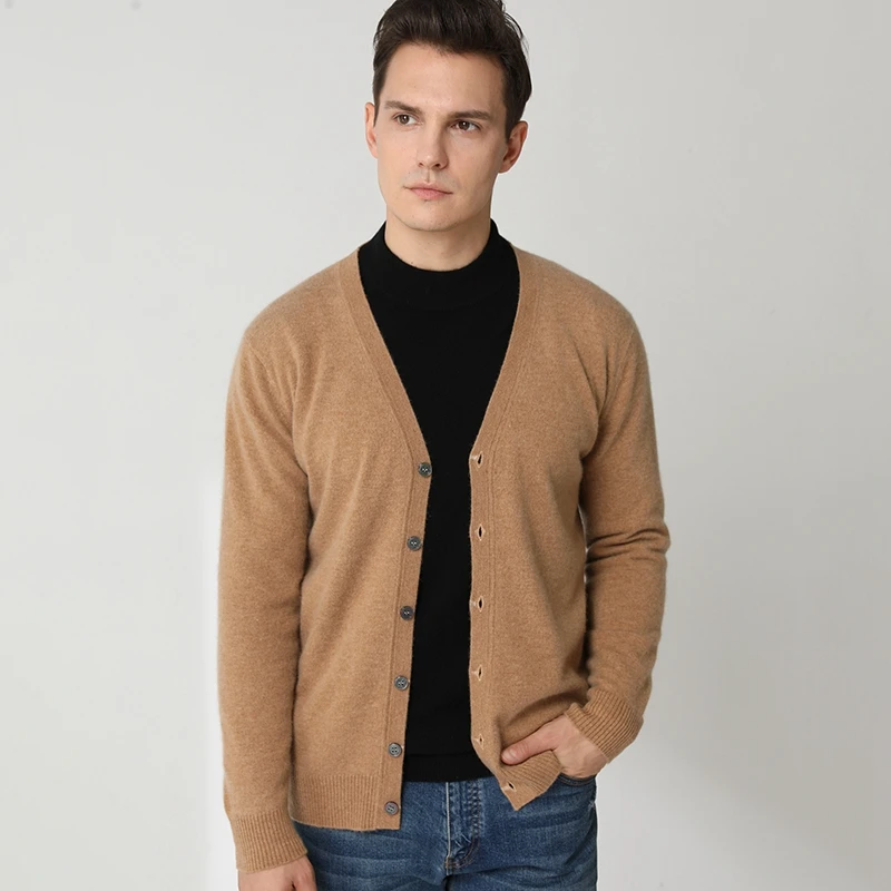 Top Grade Man Cardigans 100% Pure Goat Cashmere Knitted Jackets 2020 Winter Autumn Vneck Long Sleeve Jumpers 8Colors Sweater