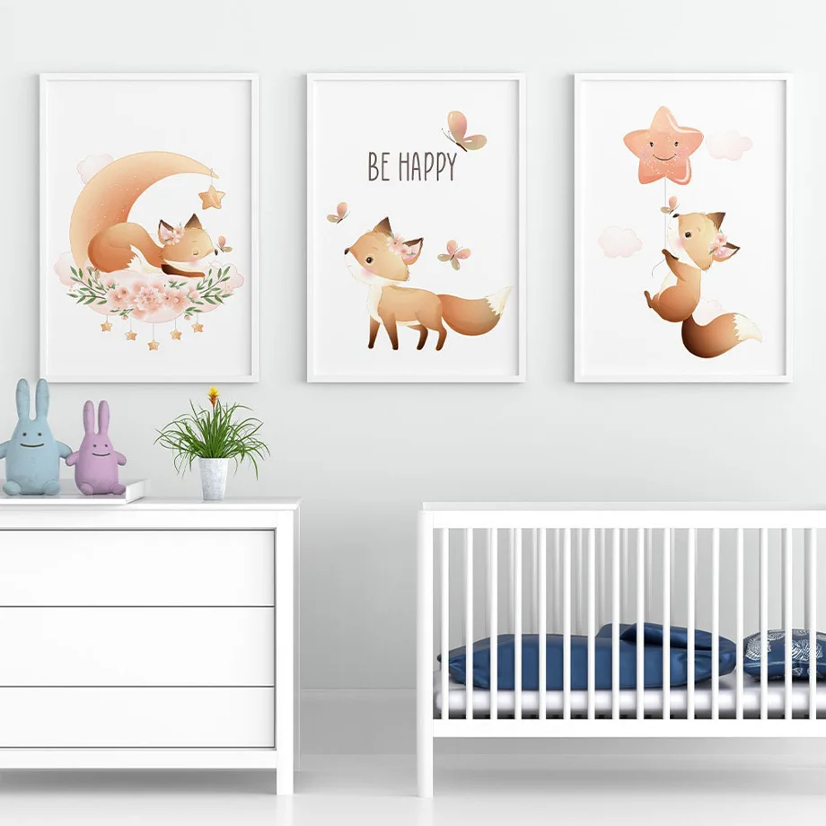Настенная картина Be Happy Fox, Луна, звезда, Бабочка, fCanvas, постеры и принты в скандинавском стиле, настенные картины для декора комнаты для маленьких мальчиков и девочек