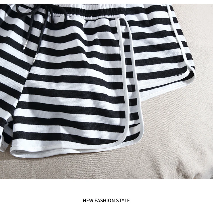 Casual Black White Striped Sports Shorts For Womens Clothing Summer Drawstring Home Shorts Yoga Loose Wide Leg Hot Pants AC362