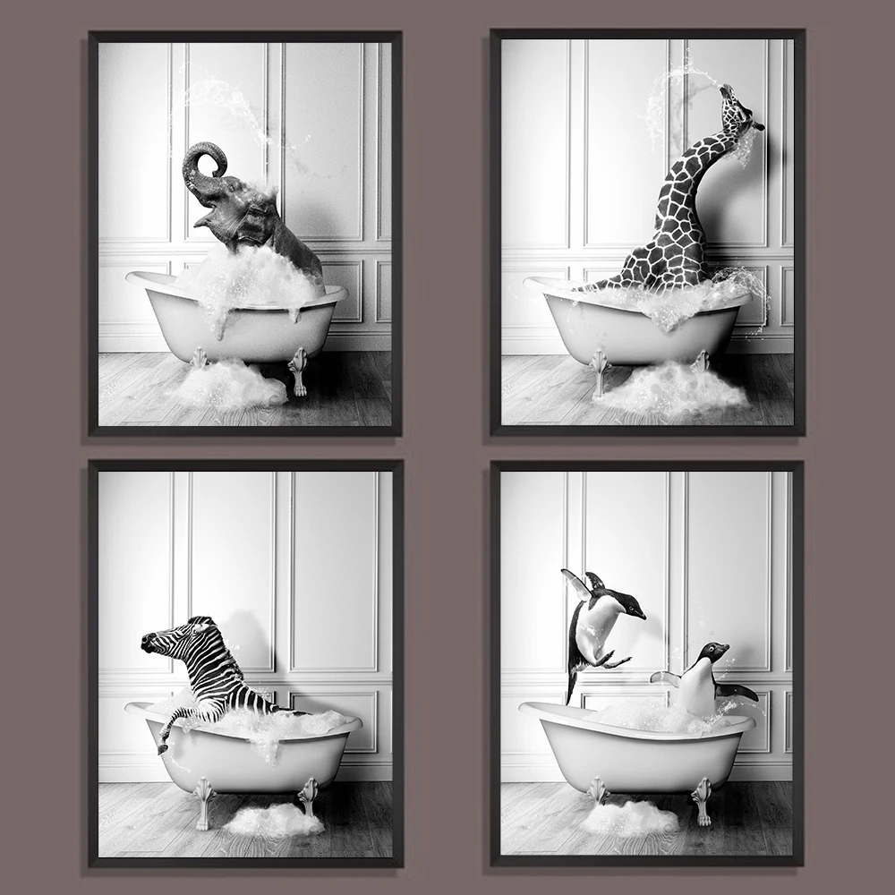 

Animal Black White Wall Art Prints Elephant Zebra Penguins Giraffe Bathtub Canvas Painting Posters Nordic Bathroom Home Decor