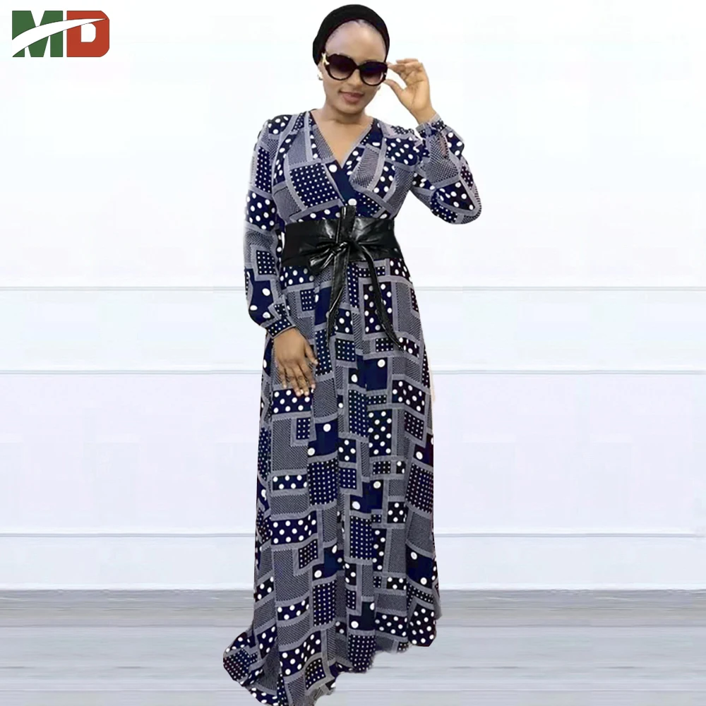 MD 2022 Summer Autumn Dresses For Women African Print Chiffon Robe Long Sleeve Kaftan Abaya Party Gowns Elegant Ladies Clothing