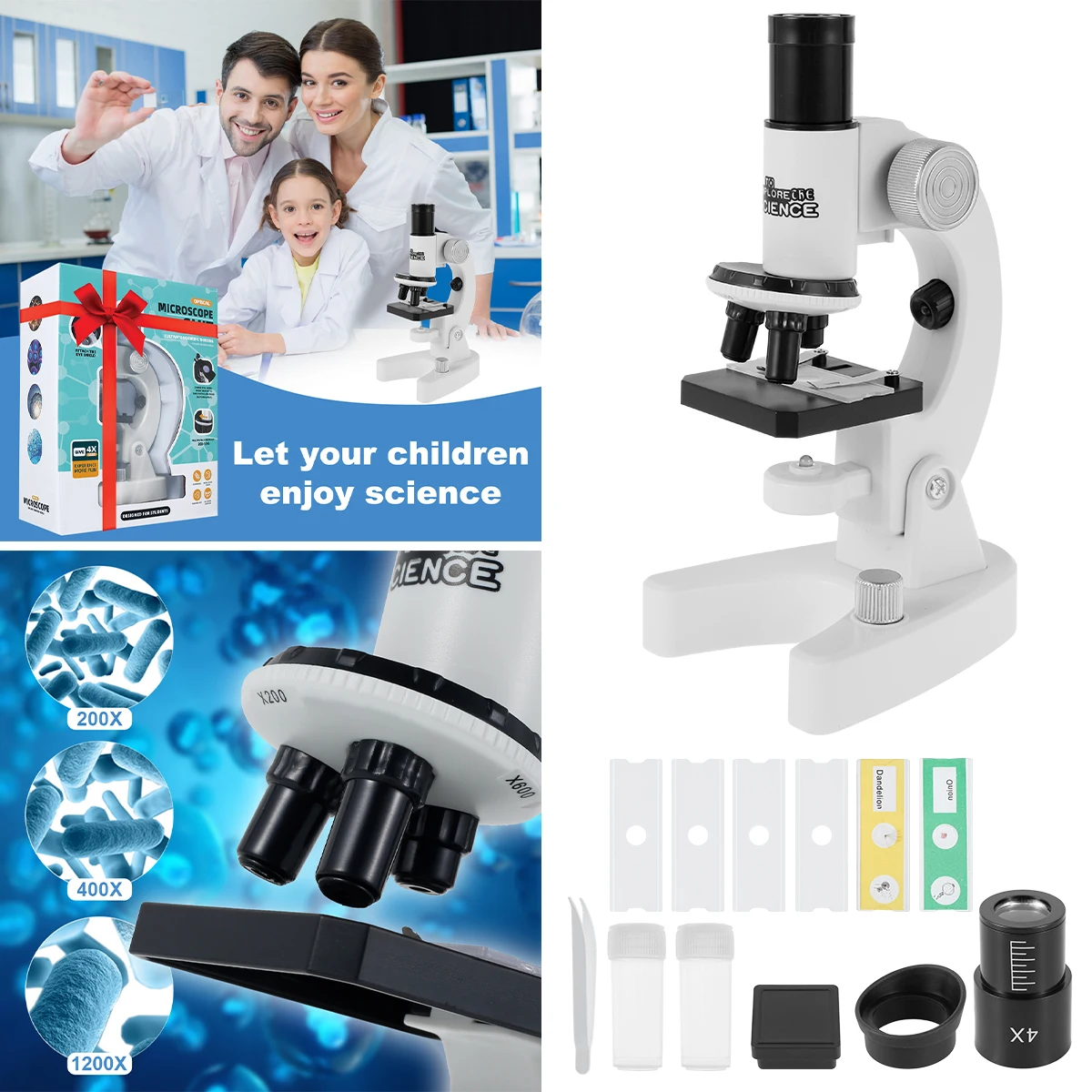 

Biological Microscope Kit for Kids Beginners 200X 400X 1200X Magnification Kids Science Toys Microscope Kit with Specimens Blank