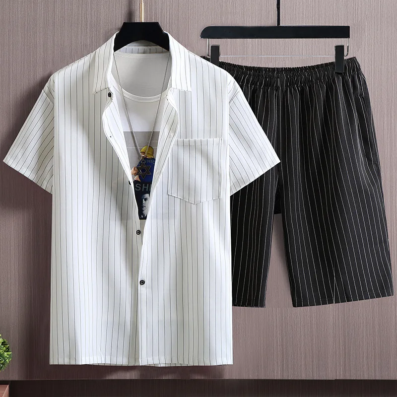 

150KG New Summer Men's Vertical Stripe Loose Business Short Sleeve Lapel Button Suit Shirt Plus Size 11XL 10XL 9XL 8XL 7XL