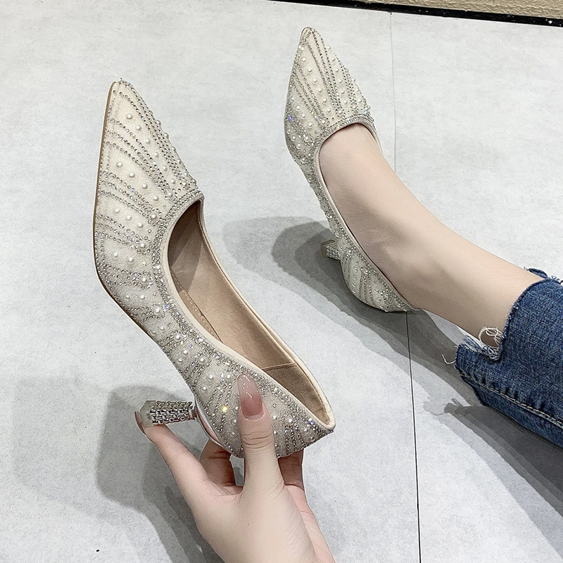 

High Heels Women 2022 New Spring and Autumn Korean Version Fairy Style Temperament Pearl Affixed Diamond Stiletto Fashion Shoes