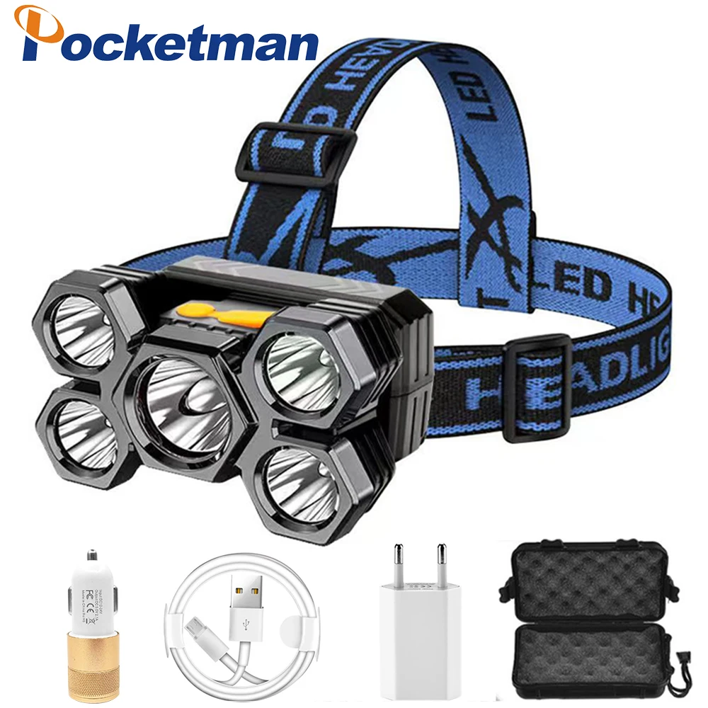 

Портативный мощный светодиодный налобный фонарь с зарядкой от USB, головной Светодиодный фонарь, 5 светодисветодиодный, водонепроницаемый н...