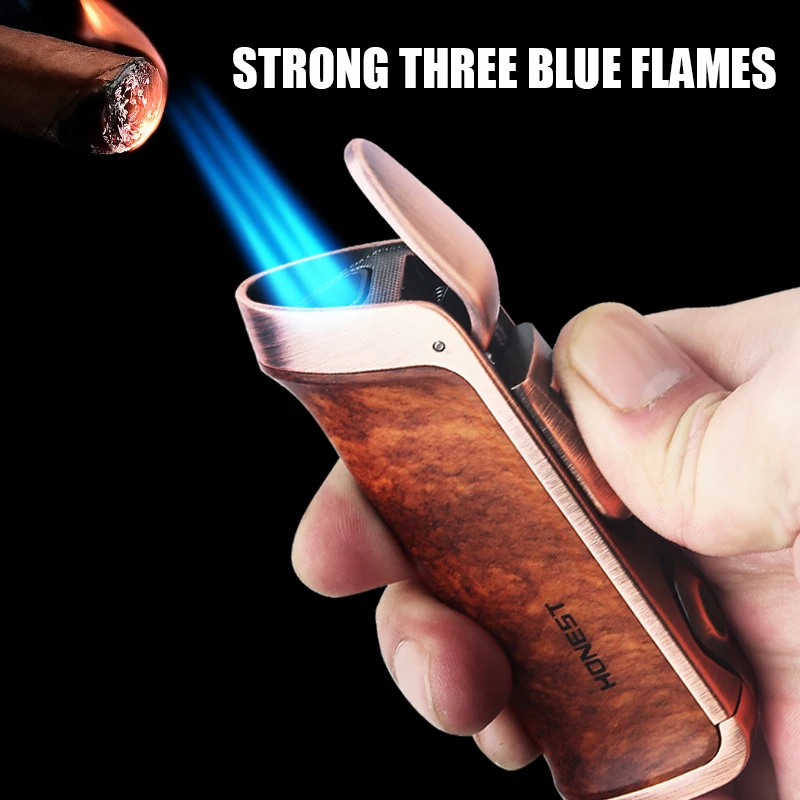 

Честная Роскошная металлическая газовая Бутановая Зажигалка в стиле ретро с тройным синим пламенем и резаком для сигар
