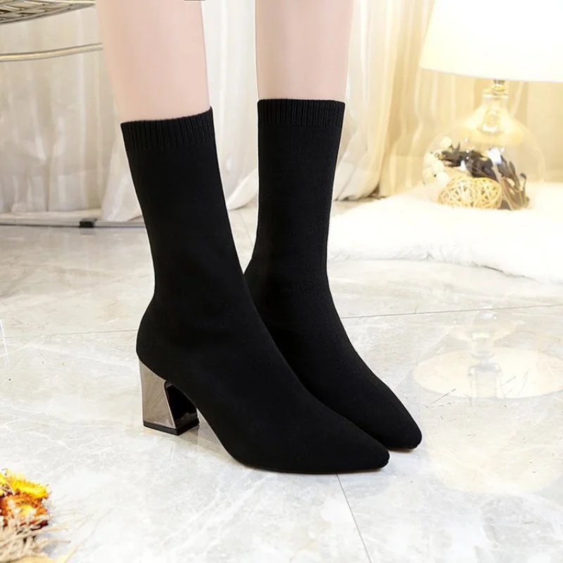 Woman Boots Fashion Knee-High Mid Heel Designer Knitting Socks Shoes Casual Square Head Net Red Long Boots Botas De Mujer