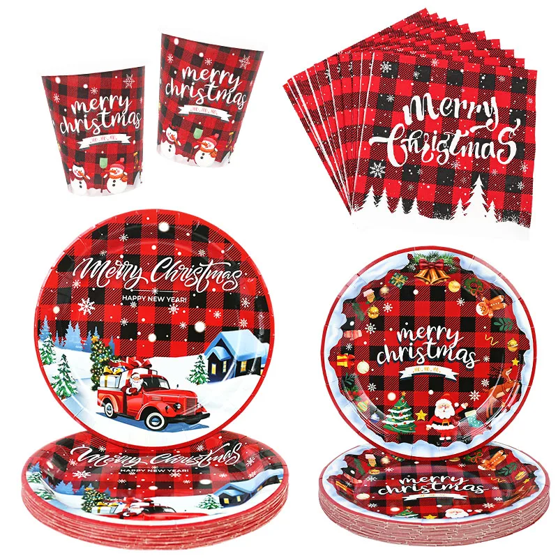 

Merry Christmas Disposable Tableware Set Red Santa Plaid Paper Plate Cup Napkin Xmas Party Decoration Home Navidad New Year Noel