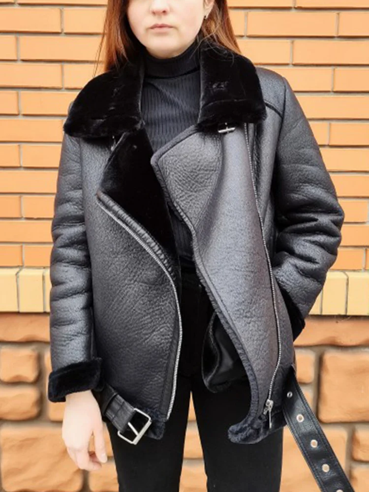 Winter Coats Women Thickness Faux Leather Fur Sheepskin Female Fur Leather Jacket Aviator Outwear Casaco Feminino Leather