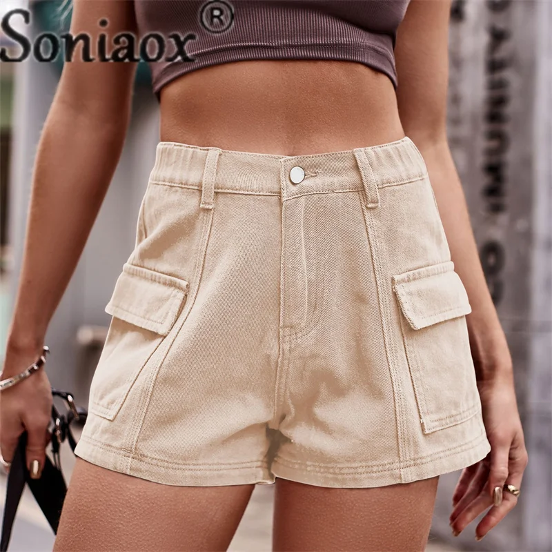 Fashion Solid Color Shorts Summer New Women's Button Splicing Pocket Three Quarter Pants Ladies Casual American Style Streetwear