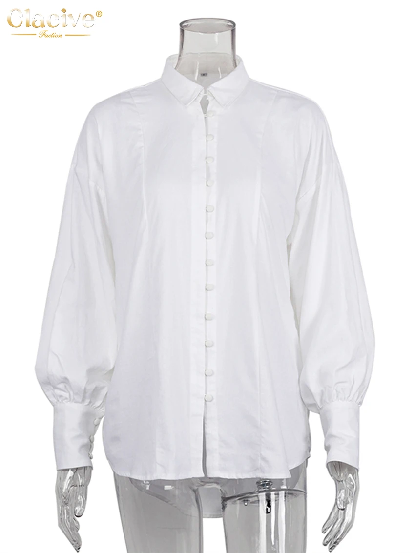 Белая Льняная блузка с отложным воротником Clacive Повседневная Свободная Офисная
