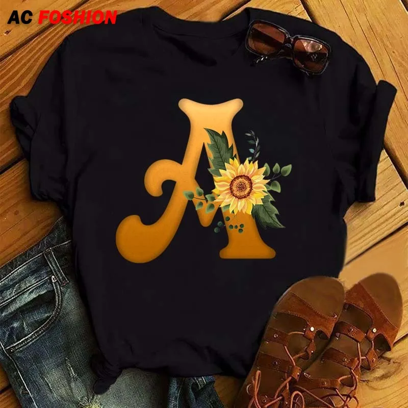 

Women's T Shirt Custom Name Letter Combination Print Tshirt Sunflower Letter Font A B C D E F G Short Sleeve Ladies Tops Female