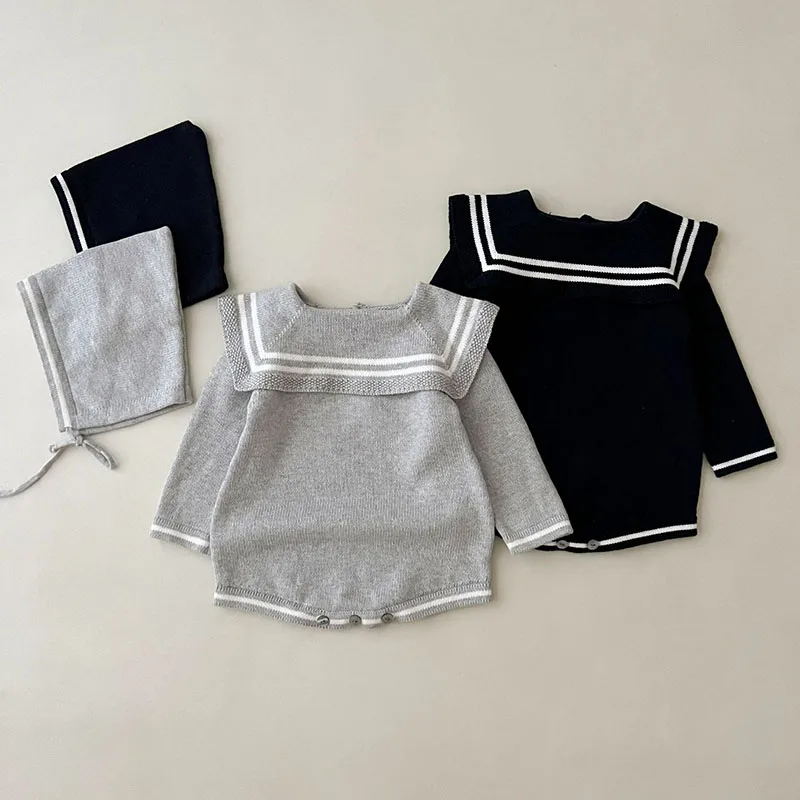 

Осенне-зимняя детская вязаная одежда с военным воротником Вязаный комбинезон + шапка для новорожденных младенцев мальчиков и девочек вязаные комбинезоны