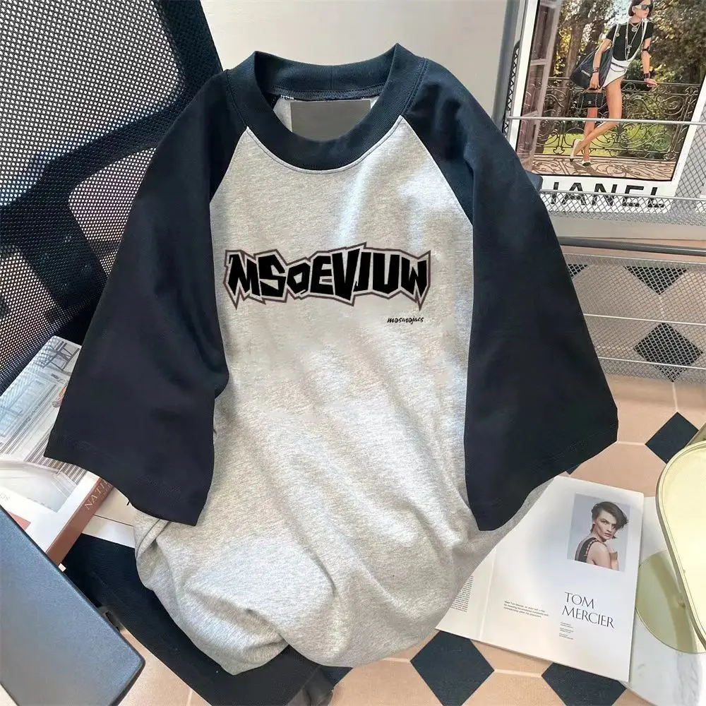 

American Street Personality Contrast Color Short Sleeve Summer Men and Women Casual Vintage Letter Printing Graphic T-shirt