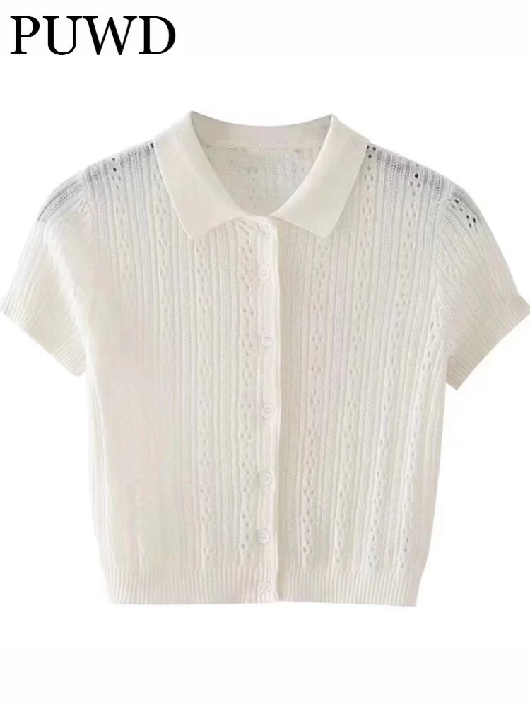 

Женская ажурная футболка PUWD с отложным воротником, лето 2022, модный Женский Повседневный однобортный однотонный топ с коротким рукавом для д...