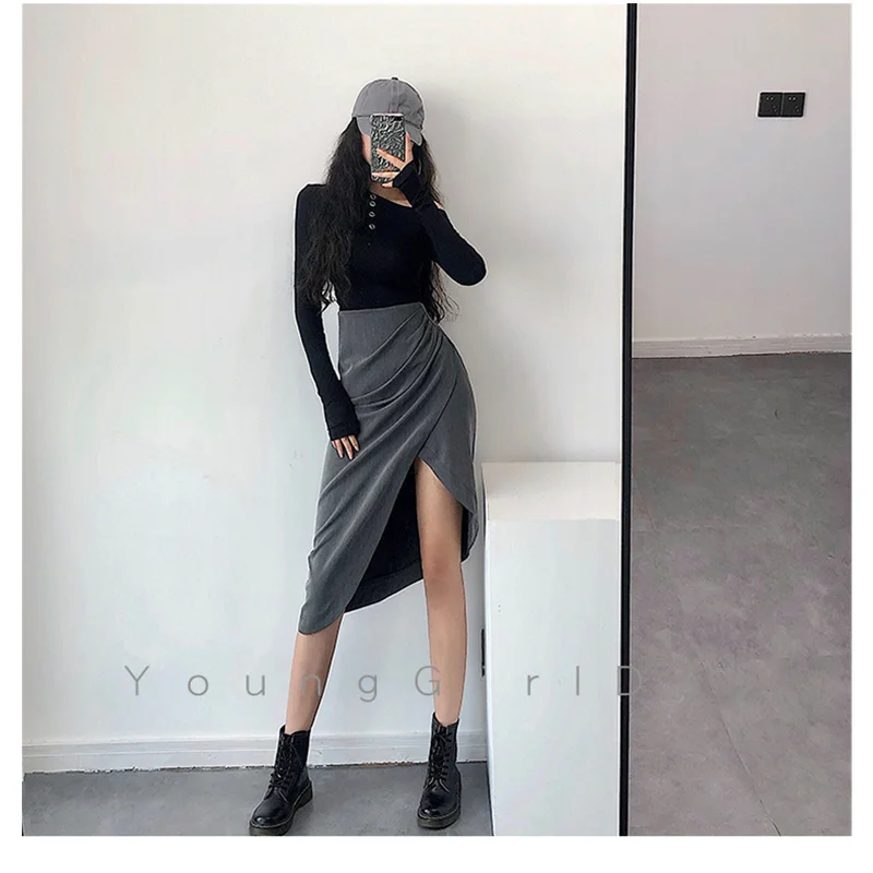 

Women's 2023 New Europe and America Fold Irregular High Waist Solid Color Split Skirt Temperament Versatile Short Skirt Spring