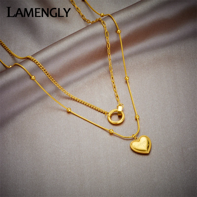 

LAMENGLY 316L Stainless Steel Gold Color Circle Heart Pendant Necklace For Women New 2in1 Chains Jewelry Valentine's Day Gifts