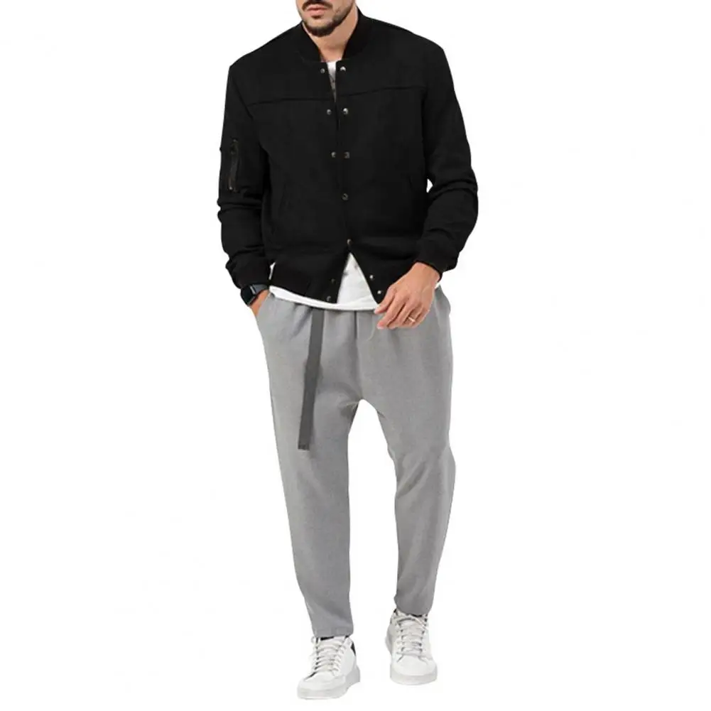 

Color Matching Men Jacket Stylish Men's Stand Collar Mid Length Cardigan Jacket with Color Matching Single-breasted for Fall