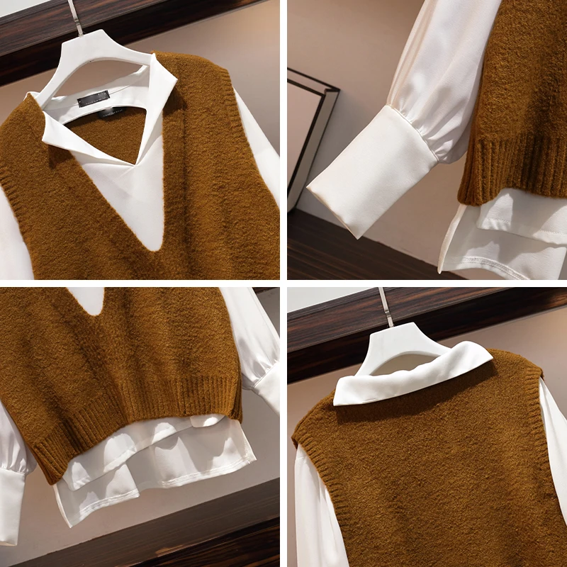 Женский элегантный костюм белая рубашка + вязаный свитер жилет и юбка модель 2022