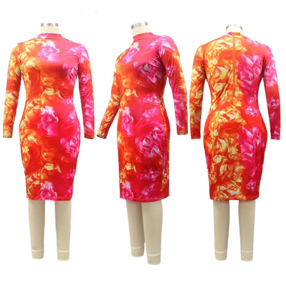 Plus Size Autumn Women's Clothing Sexy Dresses Women Zipper Slim Printing Long Dress Wholesale Dro 3xl 4xl 5xl 6xl