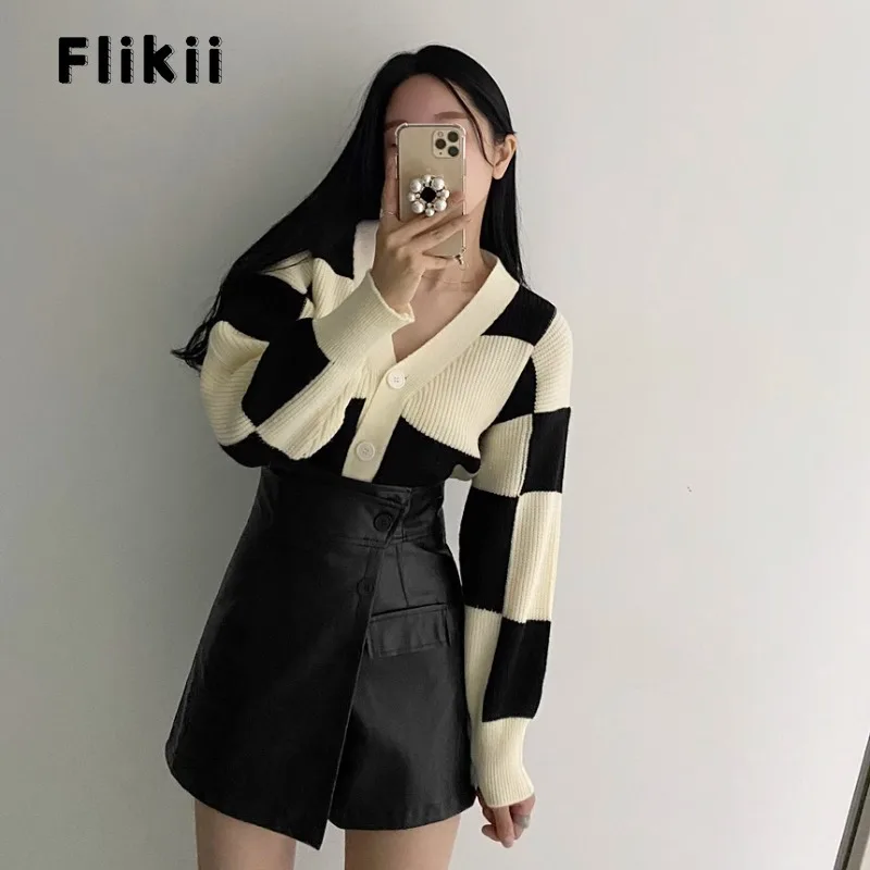 

Женский винтажный вязаный кардиган в клетку, повседневный однобортный облегающий свитер составного кроя с V-образным вырезом и длинным рукавом, зима 2023