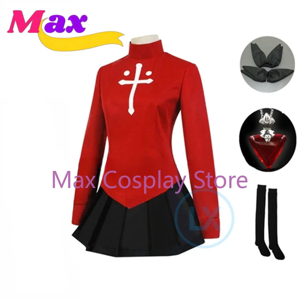 Фото Max Game Rin Tohsaka, униформа, красный костюм, топ + юбка, платье, аниме, карнавальный костюм на Хэллоуин для девочек и женщин, индивидуальный размер