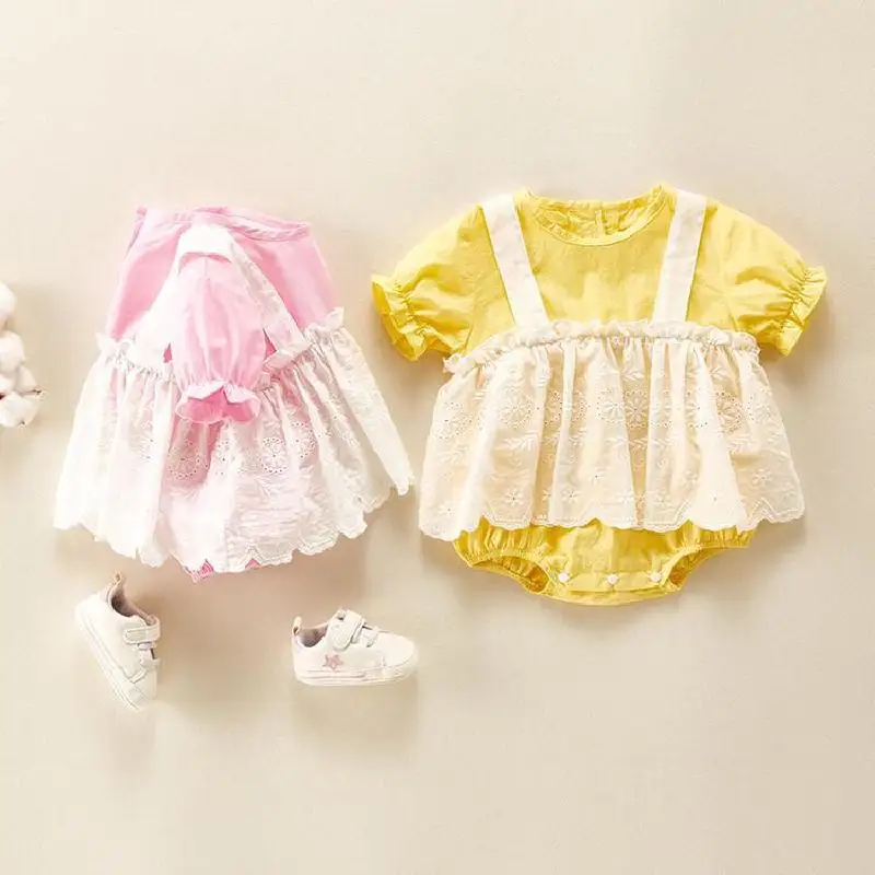 

Floral Print Baby Girls Bodysuits Summer Square Collar Bowknot Cute Clothing