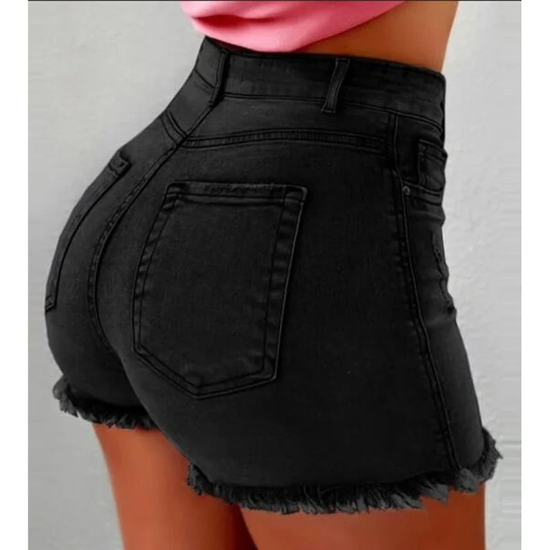 

2022 New Summer Women's Denim Shorts Lady Clothing Casual High Waist Jeans Shorts Fringe Frayed Ripped Hot Shorts With Pockets
