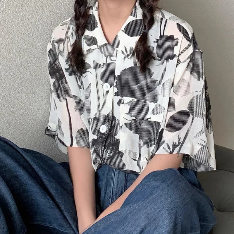 

Harajuku Bf Summer Loose American Chemise Femme Women Half Sleeve White Shirts Floral Print Streetwear Preppy Style Camisa