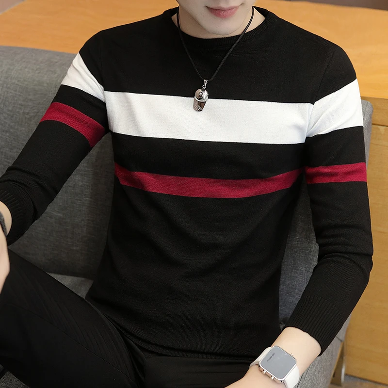Thin Section Long-sleeved Sweater Men's Round Neck Pullover Striped Sweater Half-sleeved T-shirt Men's Slim Student Bottoming Sh