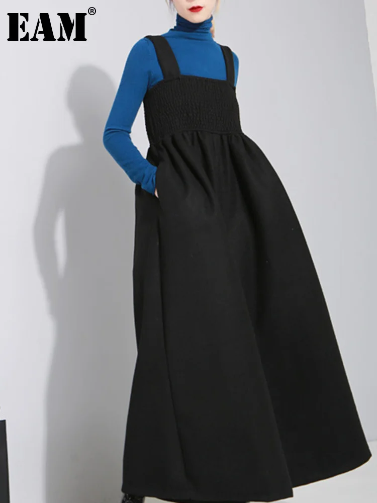

[EAM] 2022 New Autmn Winer Loose Strap Vintage Pleated High Waist Ankle-length Wide Leg Pants Women Fashion Tide OB198
