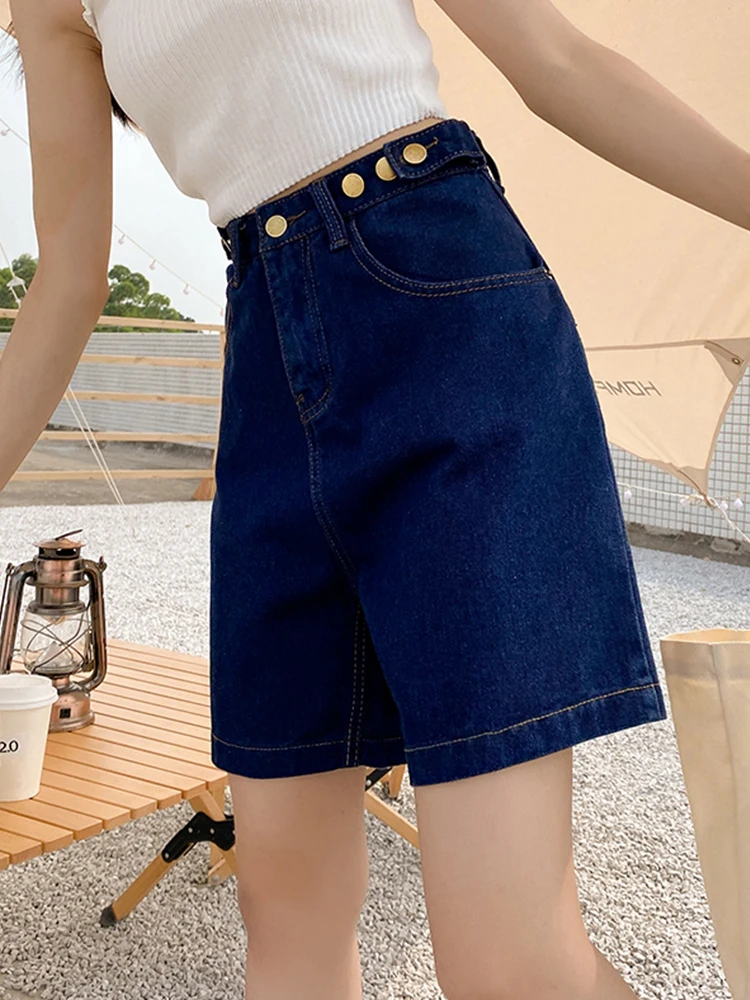 New Spring Summer Women Button Adjust Waist Loose Denim Shorts Casual Female High Waist Wide Leg Jeans Shorts Bottoms