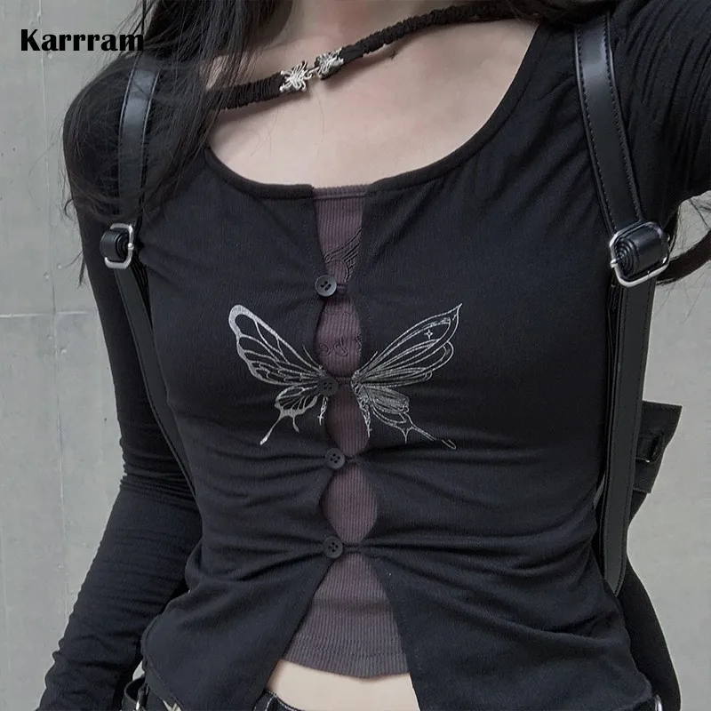 

Karrram Gothic Butterfly Print T-shirt Grunge Fairycore Hollow Out Crop Tops Japanese Harajuku Slim Tshirt Y2k Aesthetics Dark
