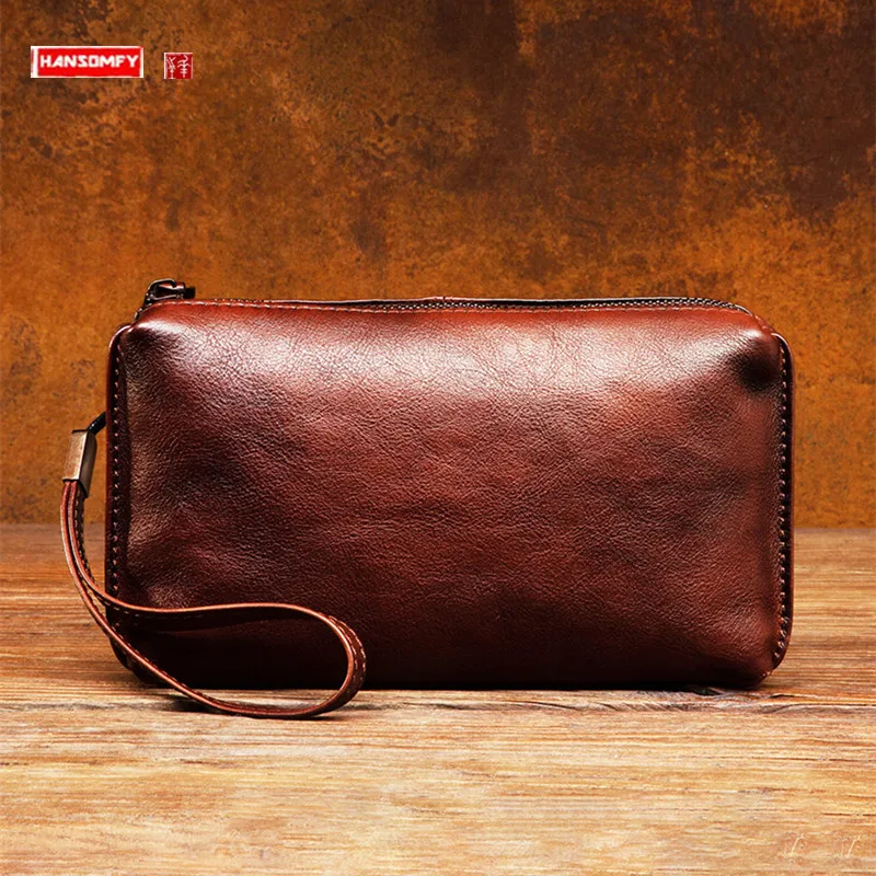 Retro Hand-Rub Color Genuine Leather Handbag Men's Casual Long Wallet First Layer Cowhide Zipper Wallet Clutch Soft