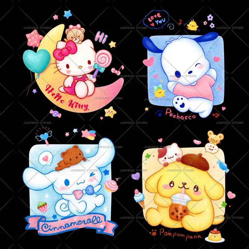 

Sanrio Cinnamoroll Iron on Patches Heat Transfers For Kids Clothes Purin Hello Kitty Printed Thermal Sticker on T-shirt Applique