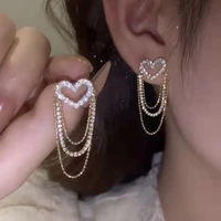 2pcs heart fringe layered chain earrings new trendy love rhinestone earring party jewelry gifts tassel retro earwear