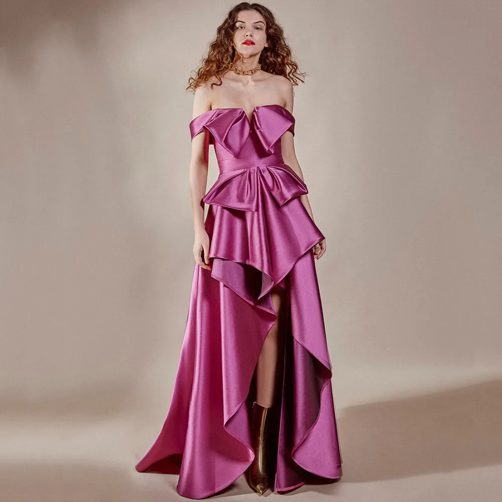 

Stunning Off The Shoulder Evening Dresses Tiered High Low A Line Satin Birthday Party Prom Celebrity Gowns Formal Occasion Wear