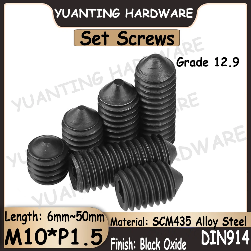 

2Pcs-10Pcs DIN914 M10x8mm-50mm Grade 12.9 Alloy Steel Hexagon Socket Set Screws With Cone Point Headless Screws Grub Screws