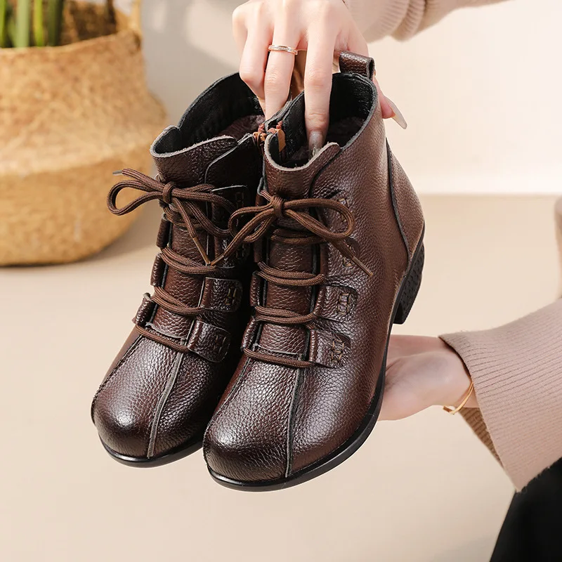 Genuine Leather Boots for Woman Winter Plush Round Toe Ladies Retro Ankle Boot Female Autumn Women Thick Bottom Booties Shoes