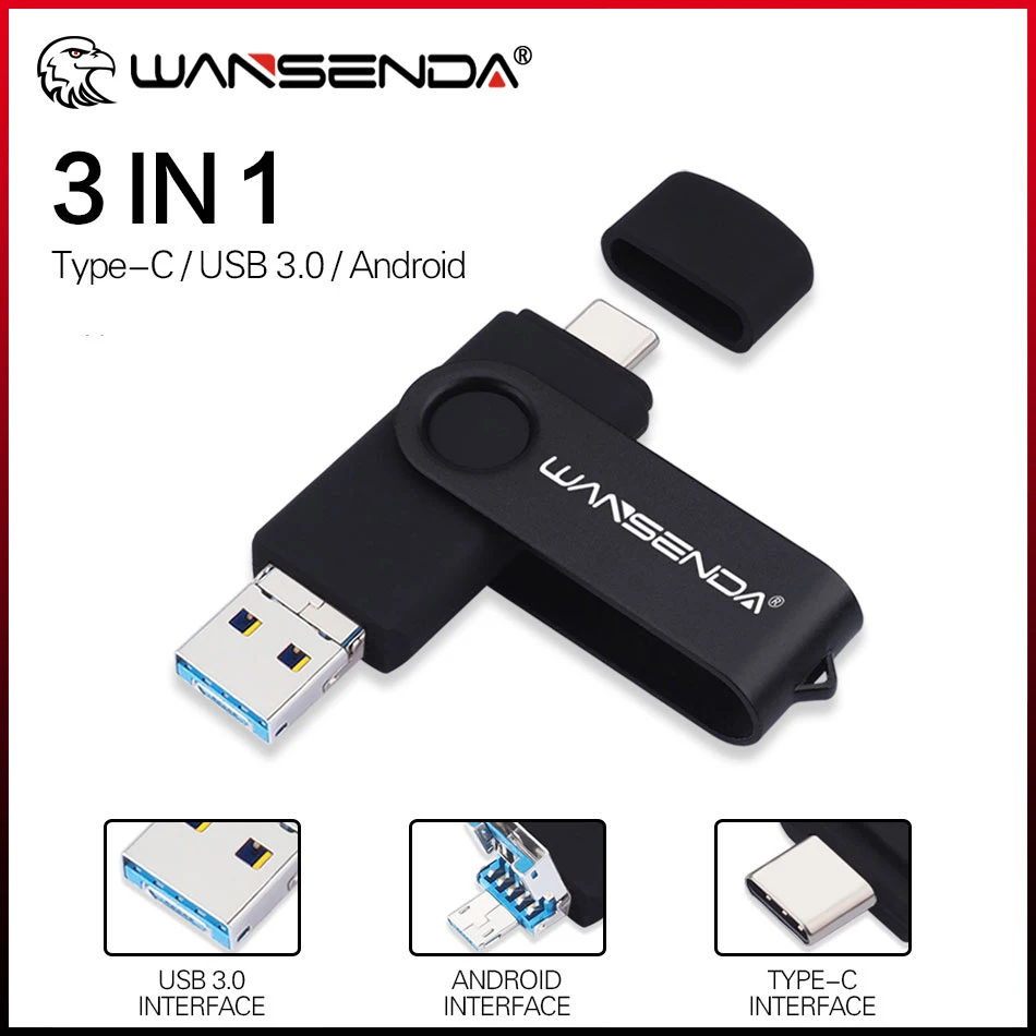 

WANSENDA Metal USB Flash Drive OTG 3 IN 1 TYPE C & Micro USB & USB Stick 3.0 128GB Pen Drive 512GB 256GB 64GB 32GB Pendrives