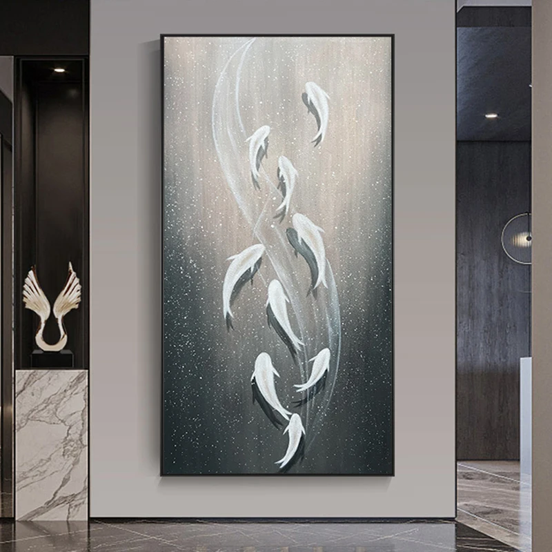 

Hand-painted Light Luxury High-end Oil Painting Porch Nine Fish Picture Decorative Painting Modern Corridor Hanging Painting